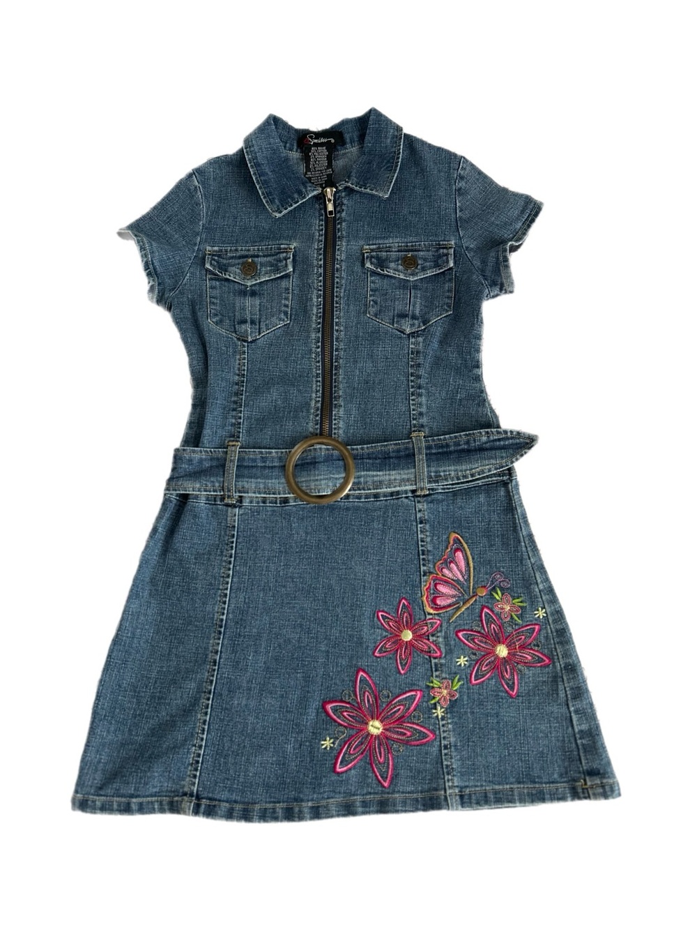 Vintage Y2K Speechless Denim Dress Embroidered Flowers Butterfly Belted Zip Up 8